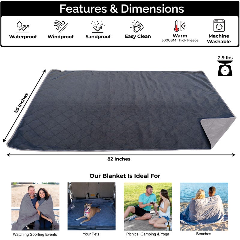 BRAWNTIDE Large Outdoor Waterproof Blanket - Great for Beach, Stadium, Camping, Extra Thick Fleece, Warm, Windproof, Sandproof, Ideal for Sunbathing, Yoga, Parks, Grass, Picnics, Sports, Car (Gray) - Image 2